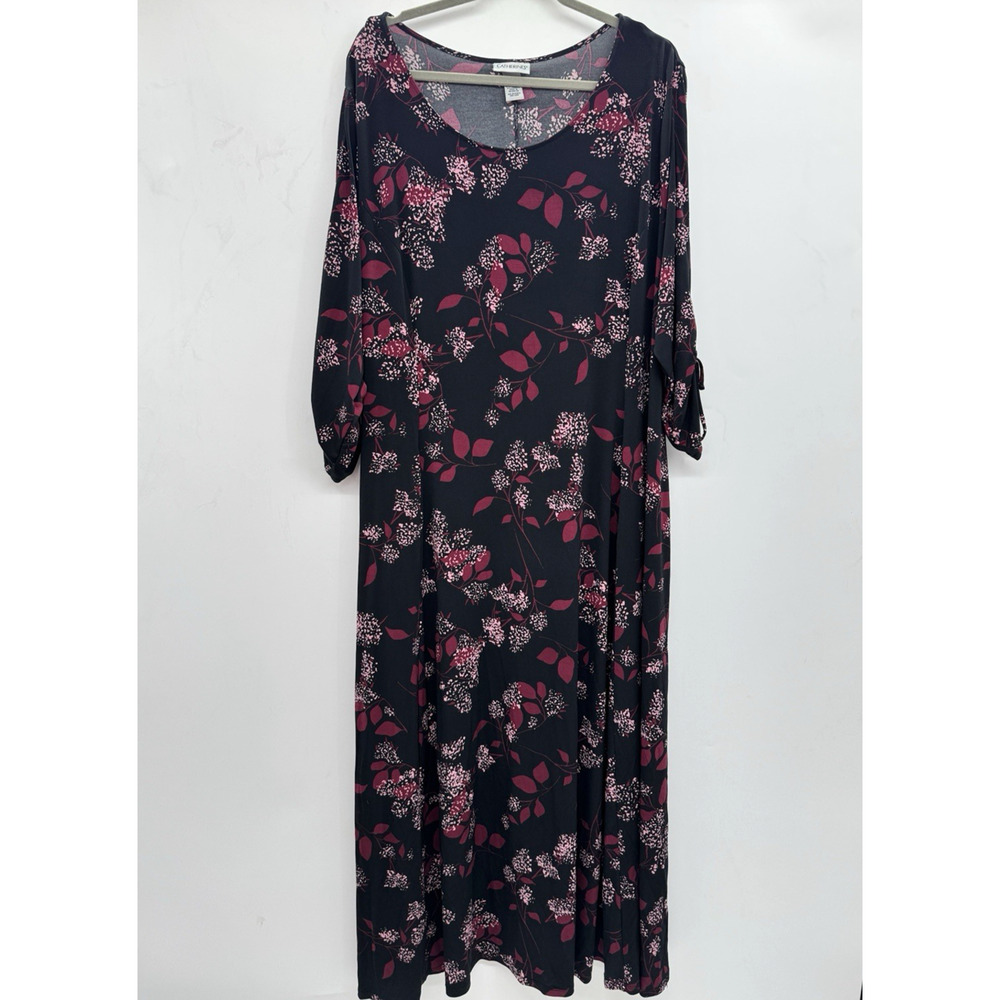 Catherines Scoop Neck Floral Maxi Dress Sz 2X Black/Pink Long Slv Modest Career